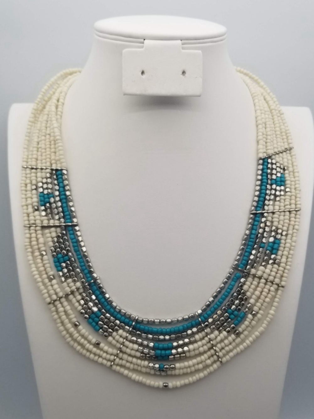 Multi-Strand White and Turquoise Beaded Necklace